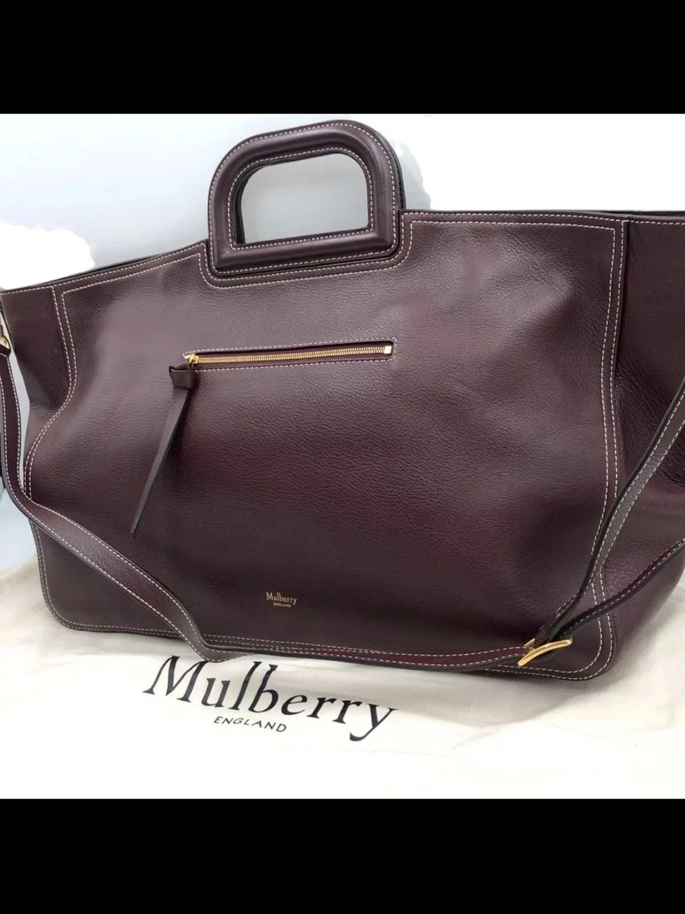 Mulberry Men's Leather Tote Bag in Burgundy with Gold Hardware